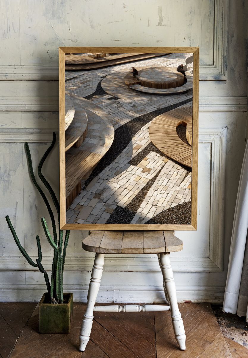 Curved Timber Plaza Architecture Print. room preview
