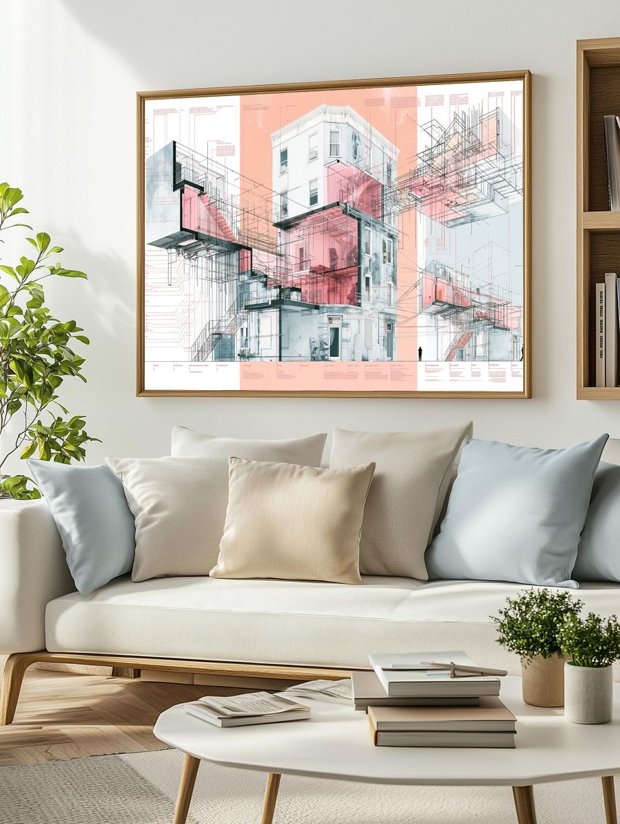 Architectural Blueprint Collage Poster. — room view 2