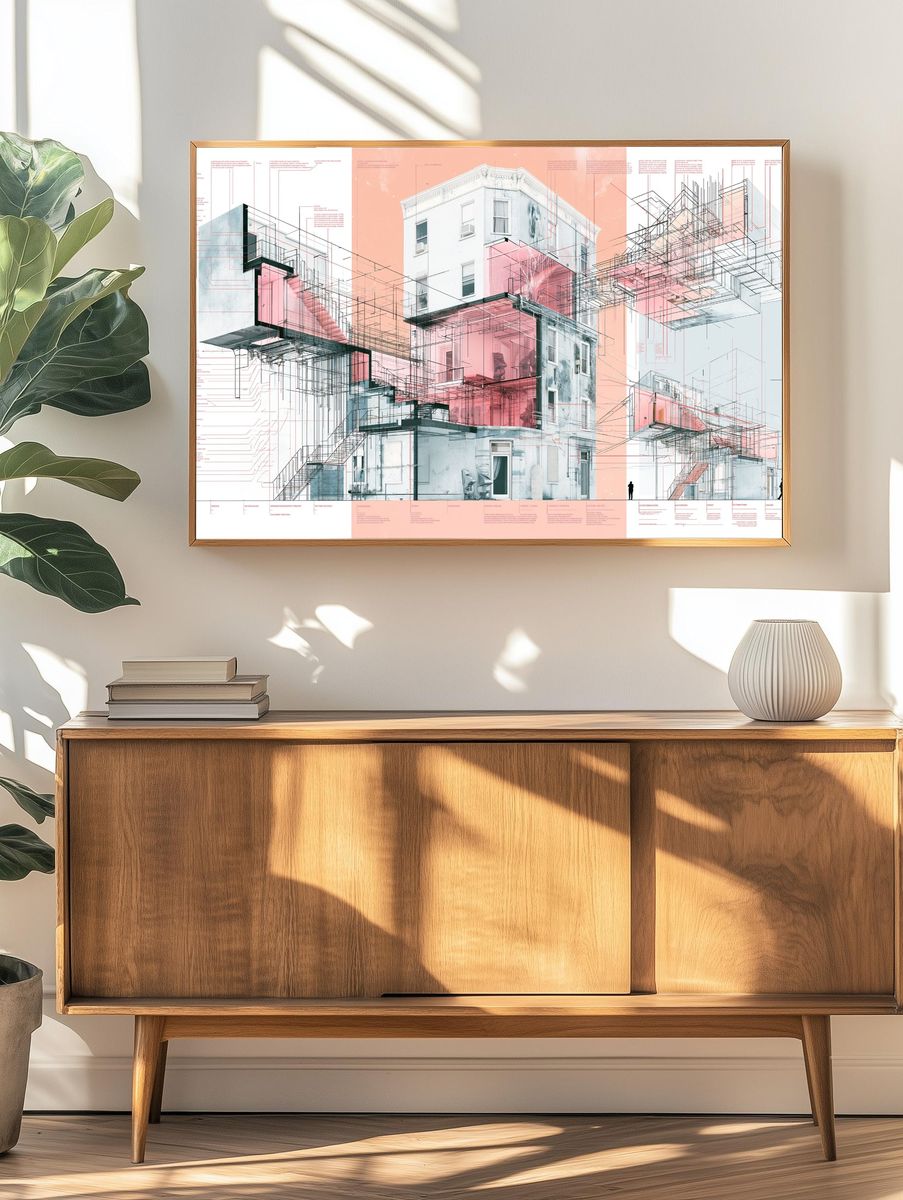 Architectural Blueprint Collage Poster. — room view 3
