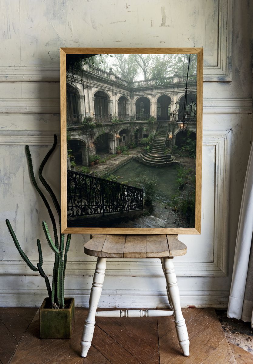 Overgrown Courtyard Architecture Print. room preview