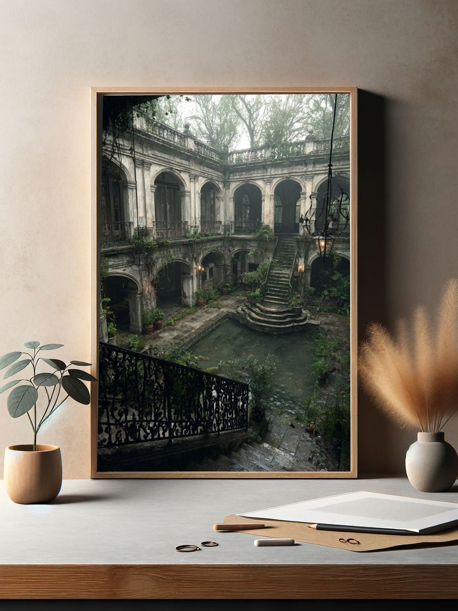Overgrown Courtyard Architecture Print. — room view 2