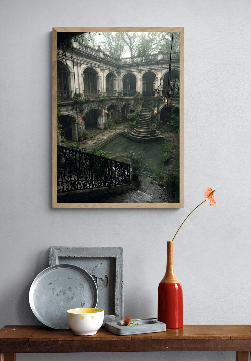 Overgrown Courtyard Architecture Print. — room view 3