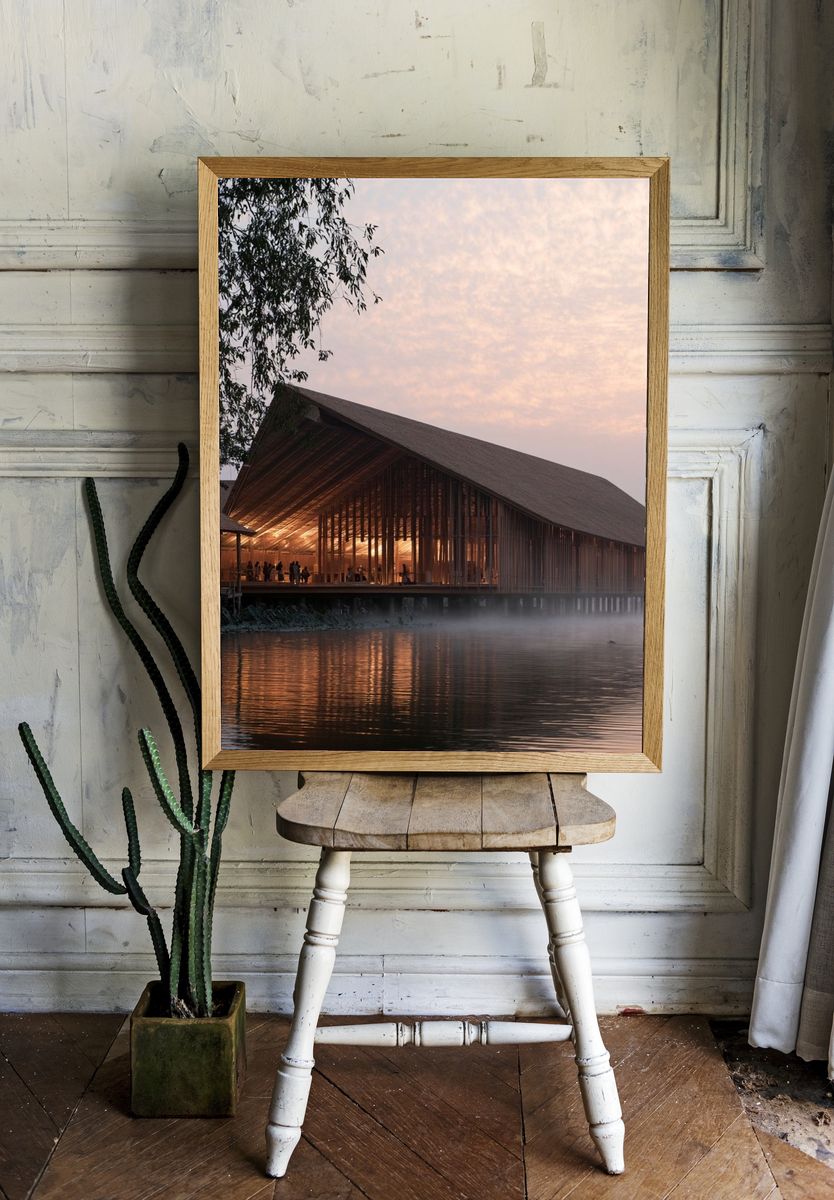 Lakeside Pavilion at Dawn Print. room preview