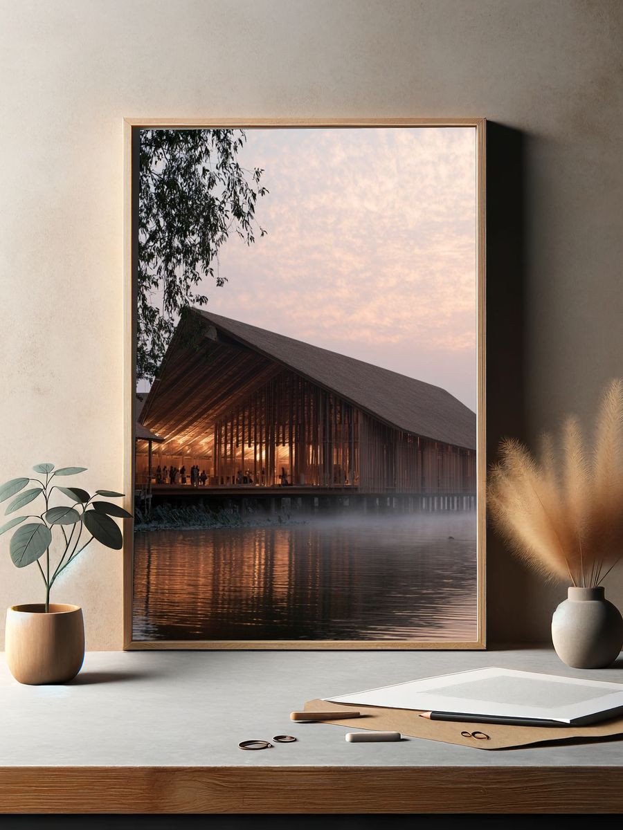 Lakeside Pavilion at Dawn Print. — room view 2