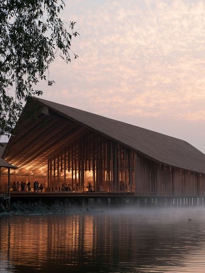 Lakeside Pavilion at Dawn Print. poster