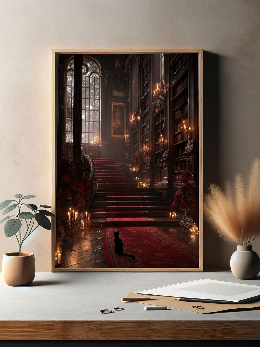 Gothic Library Staircase Poster. — room view 2