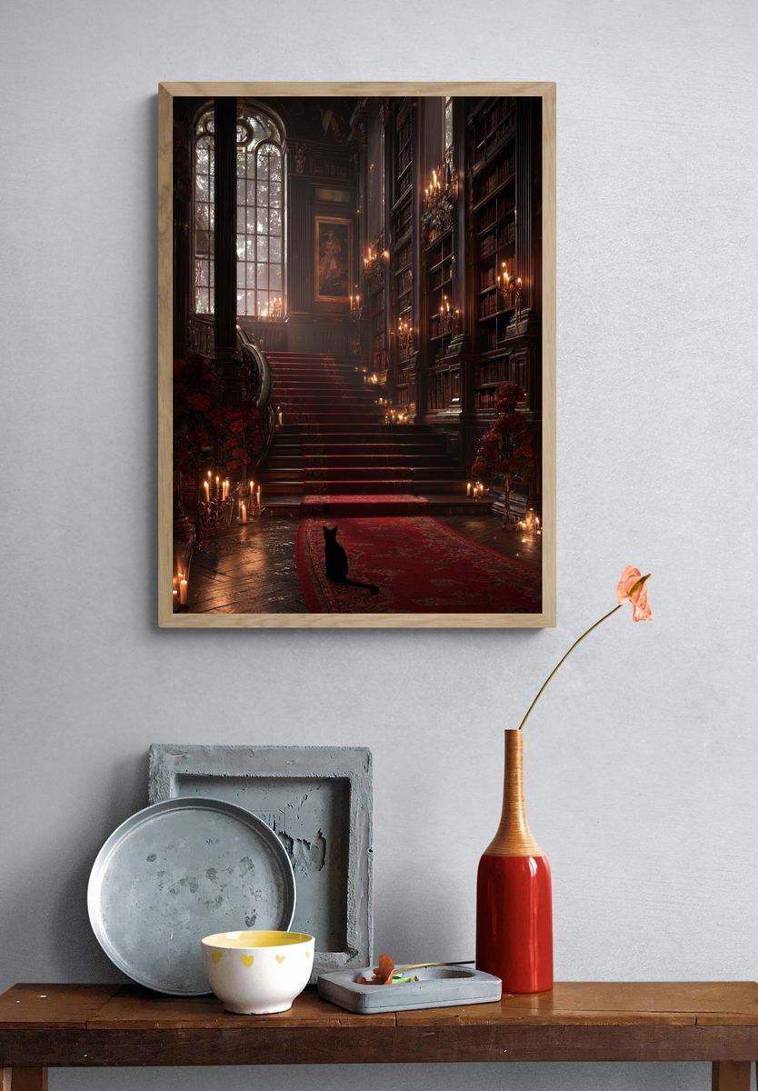 Gothic Library Staircase Poster. — room view 3