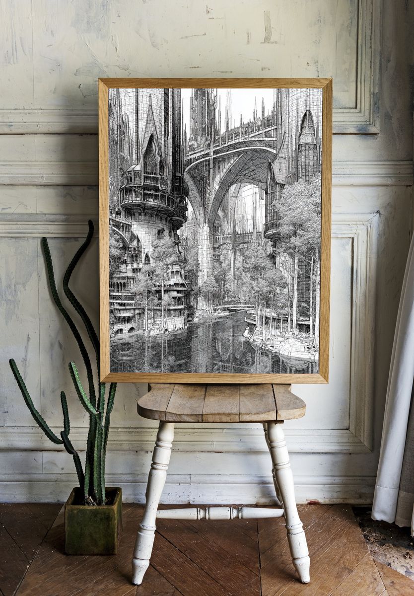 Futuristic Cityscape Architecture Print. room preview
