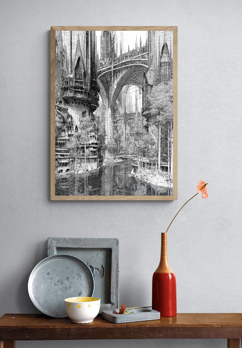 Futuristic Cityscape Architecture Print. — room view 3