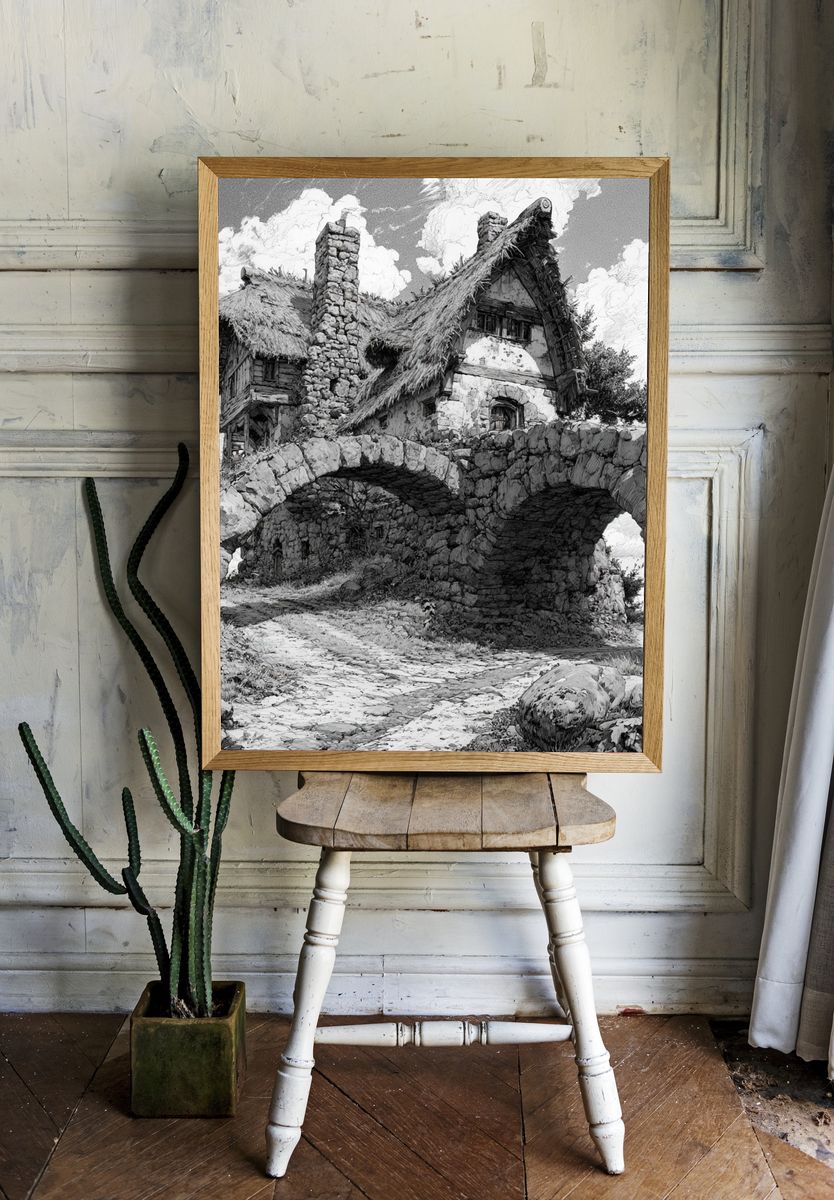Thatched Stone Cottage Print. room preview