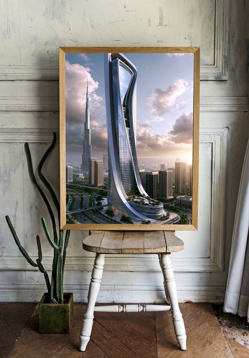 Futuristic Dubai Skyline Architecture Print. room preview