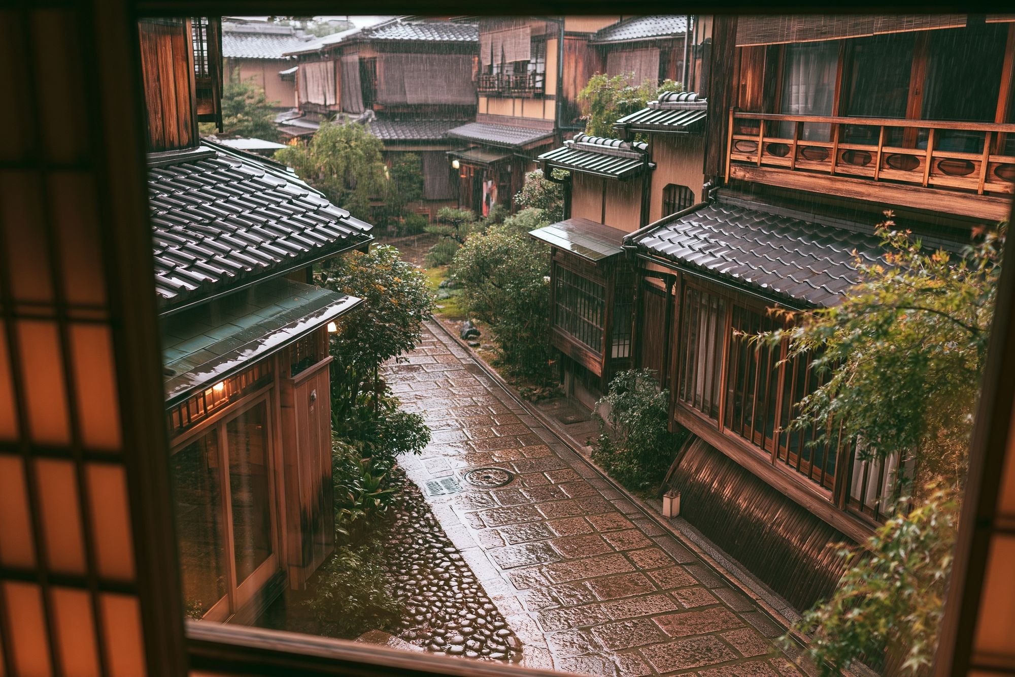Rainy Kyoto Alley Architecture Print. poster detail
