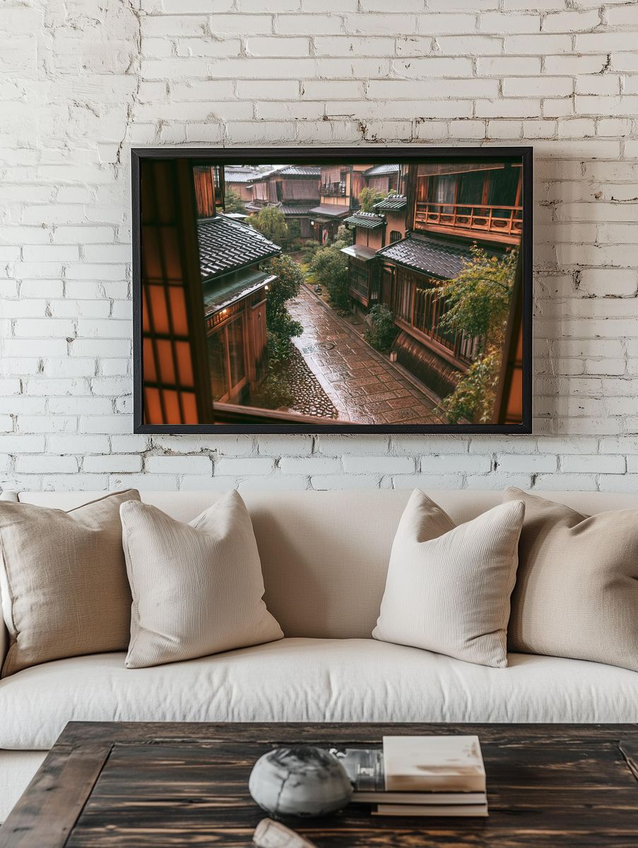 Rainy Kyoto Alley Architecture Print. room preview