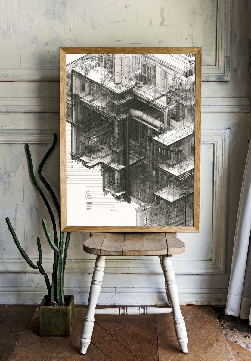 Industrial Blueprint Architecture Print. room preview
