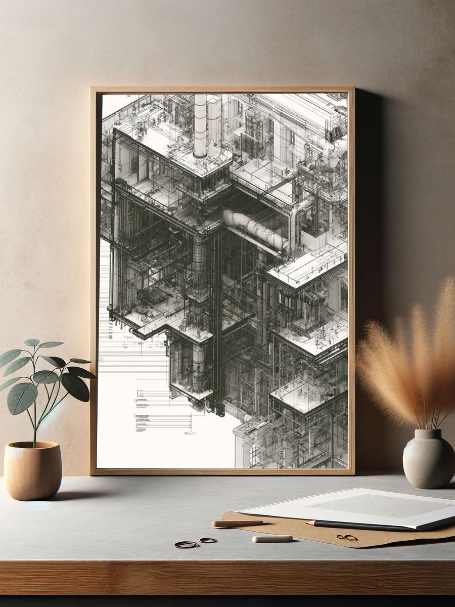 Industrial Blueprint Architecture Print. — room view 2