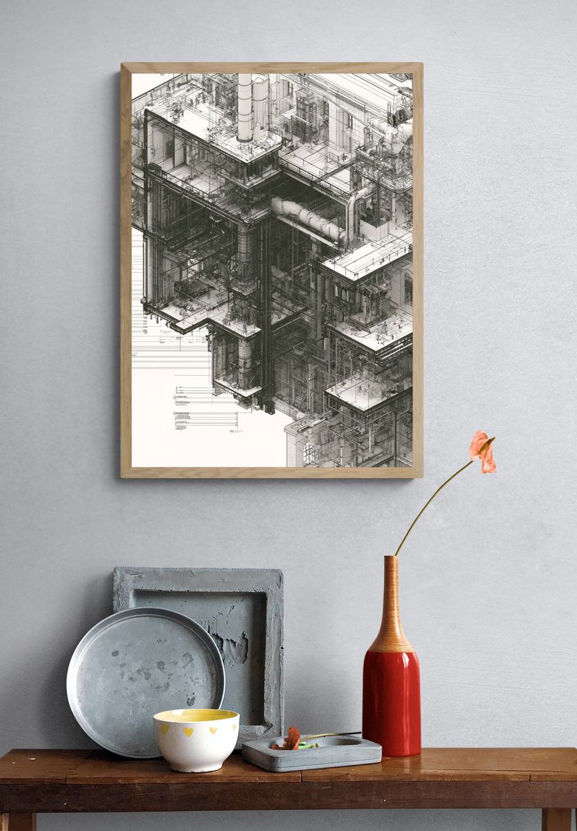 Industrial Blueprint Architecture Print. — room view 3