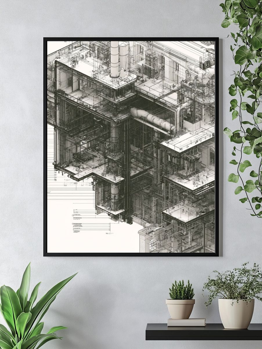 Industrial Blueprint Architecture Print. — room view 4