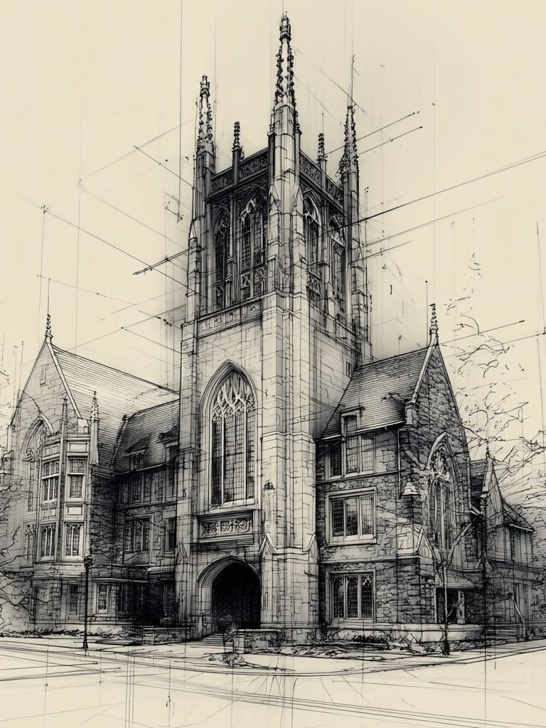 Architectural Sketch of a Church — Illustration Print. poster detail