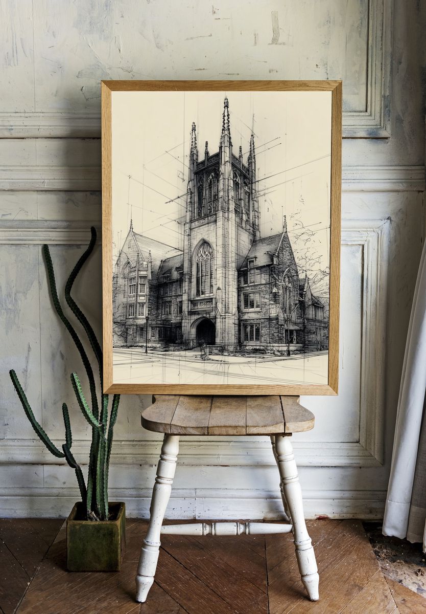 Architectural Sketch of a Church — Illustration Print. room preview