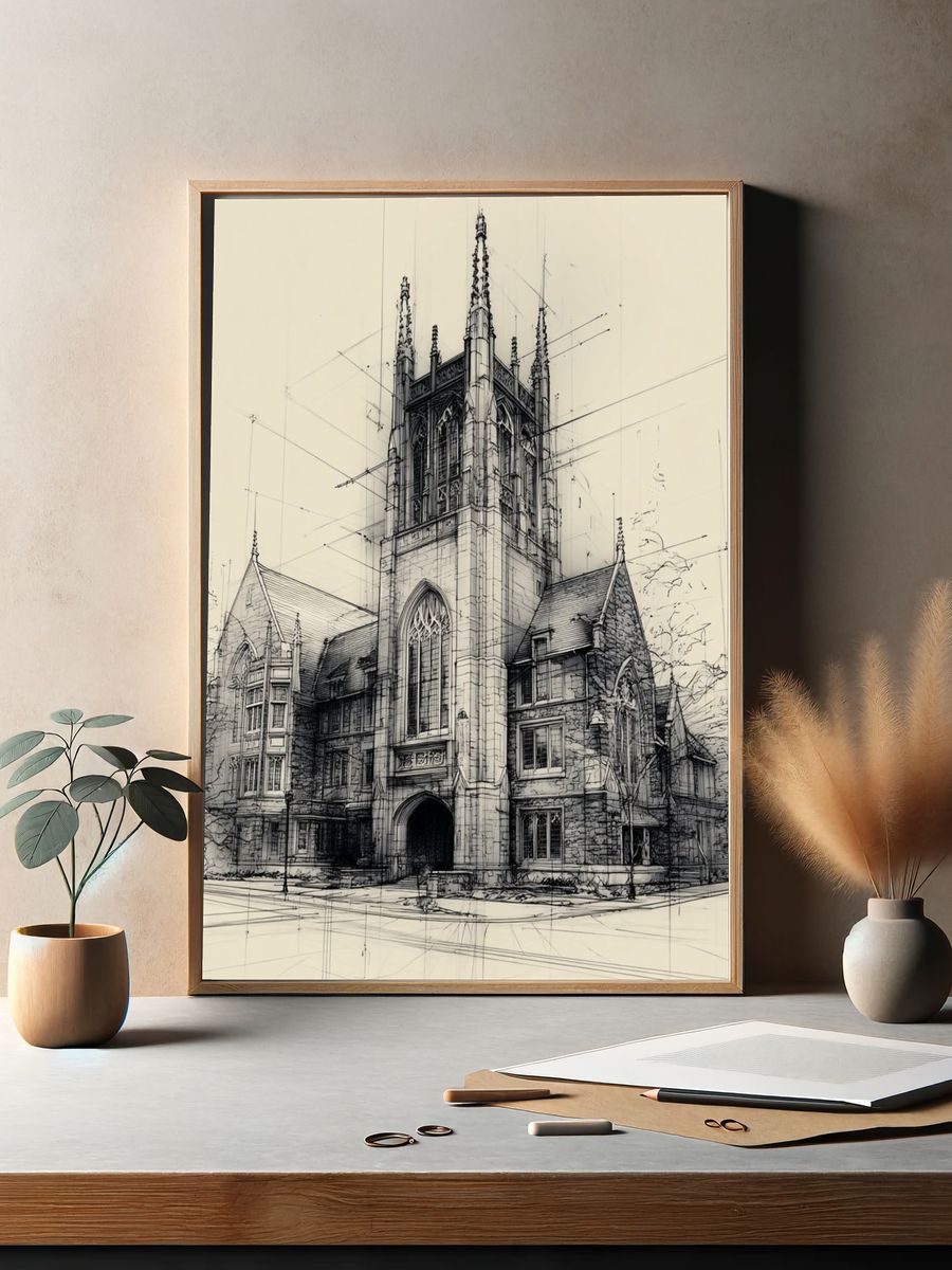 Architectural Sketch of a Church — Illustration Print. — room view 2