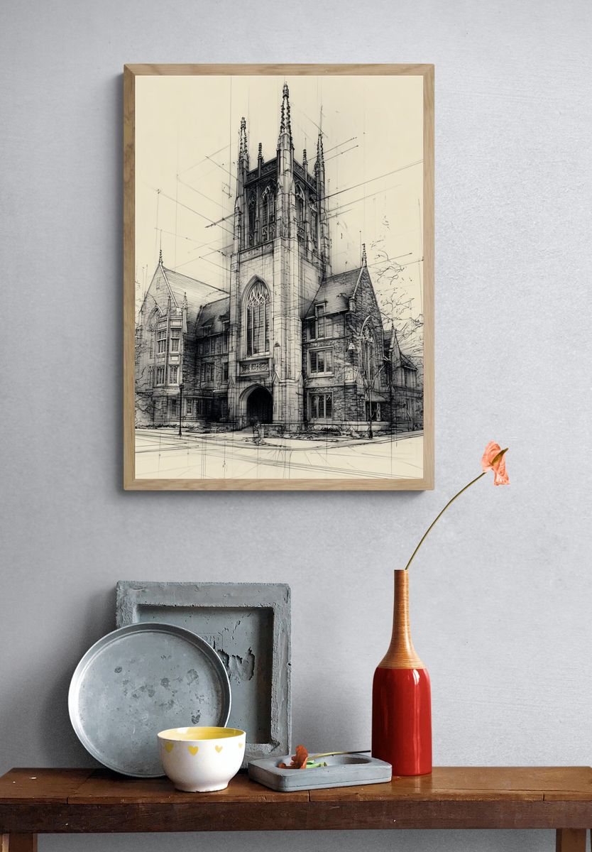 Architectural Sketch of a Church — Illustration Print. — room view 3