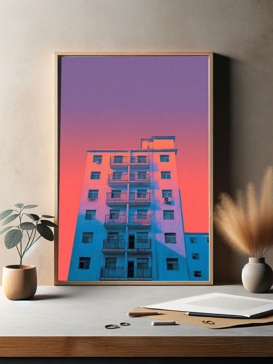 Neon Apartment Facade Photography Poster. — room view 2