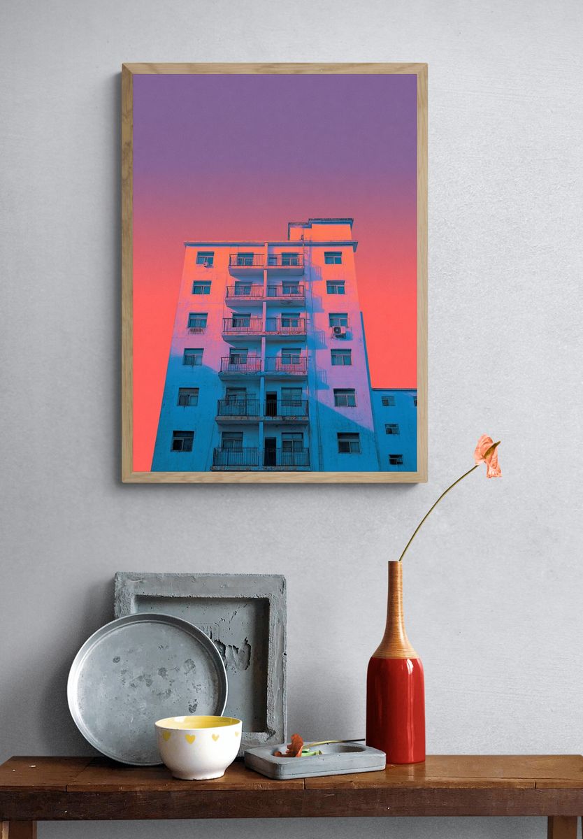 Neon Apartment Facade Photography Poster. — room view 3