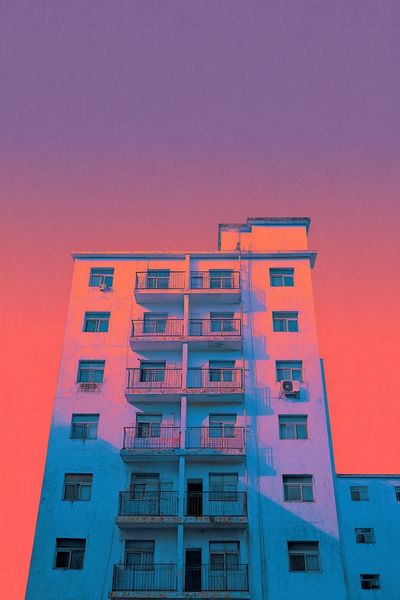 Neon Apartment Facade Photography Poster.