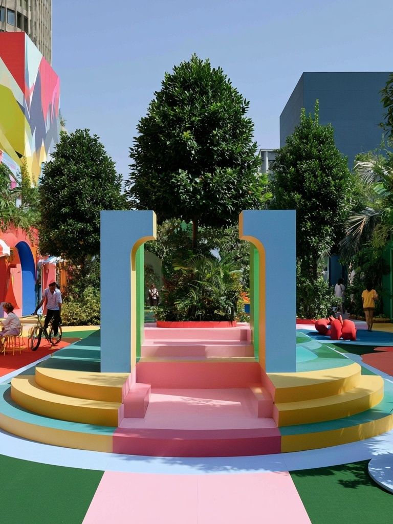 Colorful Courtyard Scene Poster. poster — architecture art