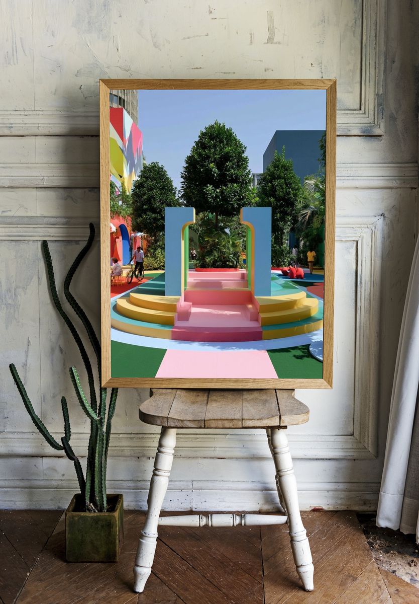 Colorful Courtyard Scene Poster. room preview