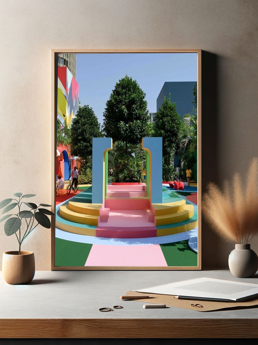Colorful Courtyard Scene Poster. — room view 2