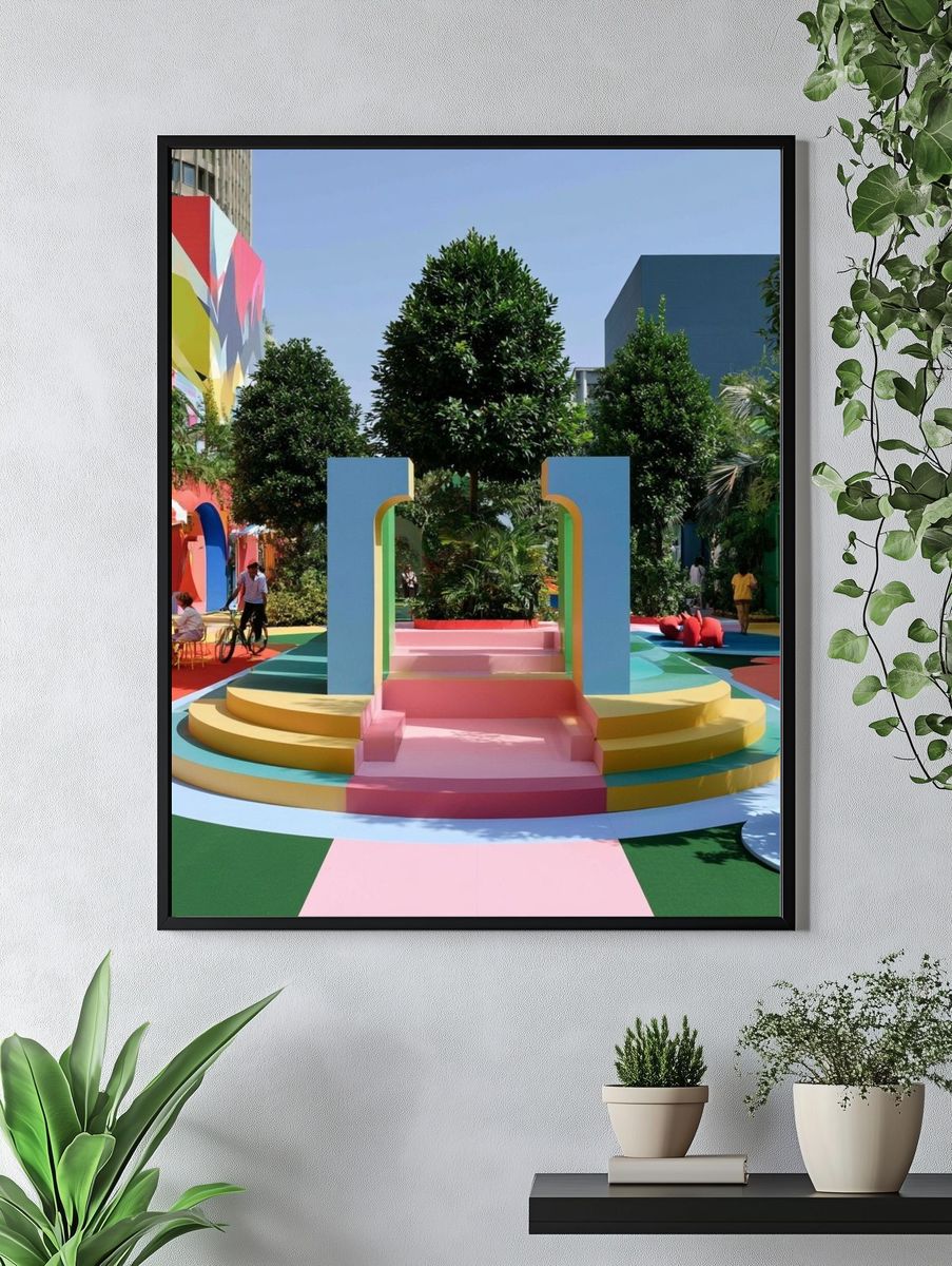 Colorful Courtyard Scene Poster. — room view 4