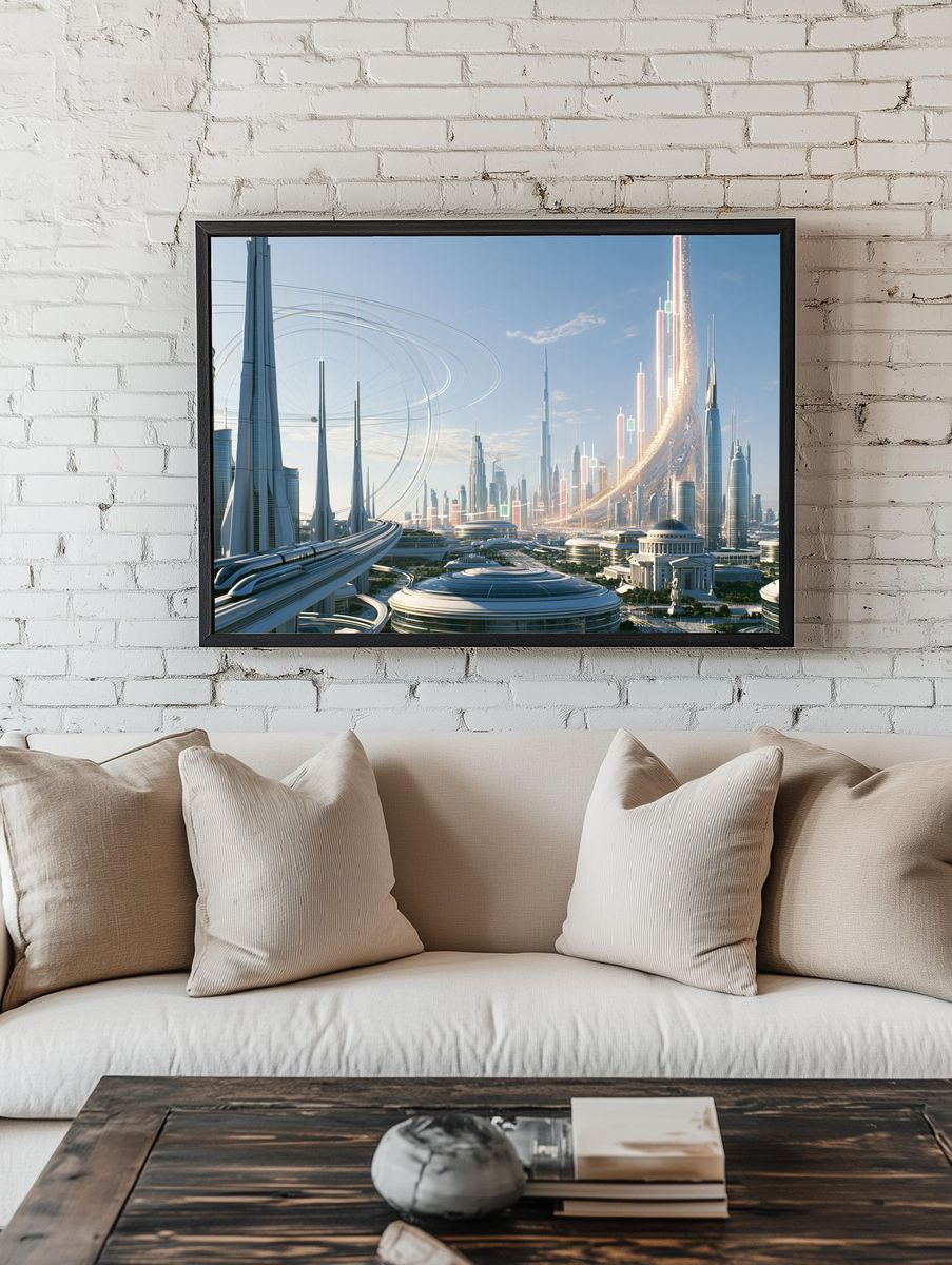 Futuristic Skyline Cityscape Print. — room view 1