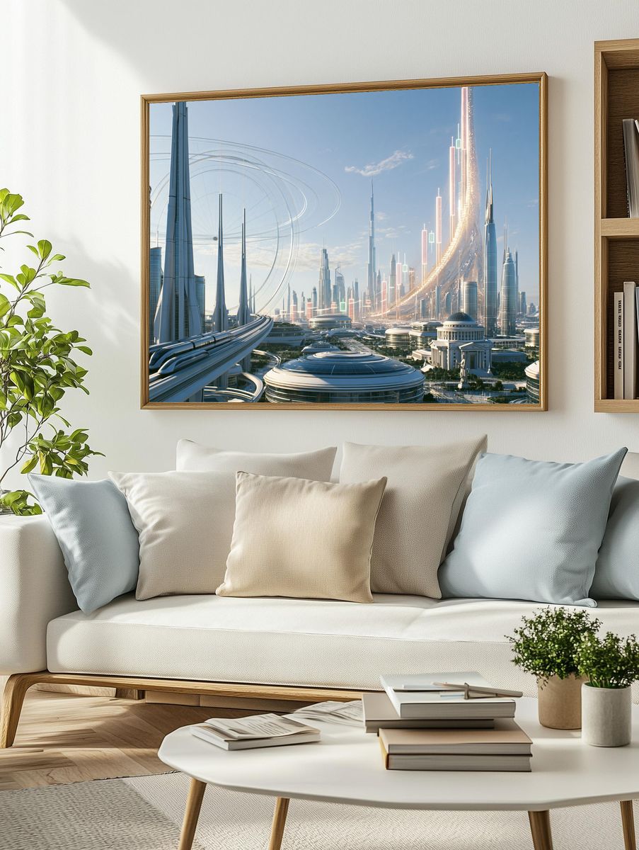 Futuristic Skyline Cityscape Print. — room view 2