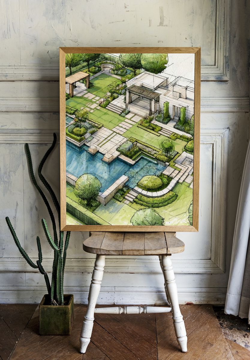 Modern Garden Villa Illustration Poster. room preview