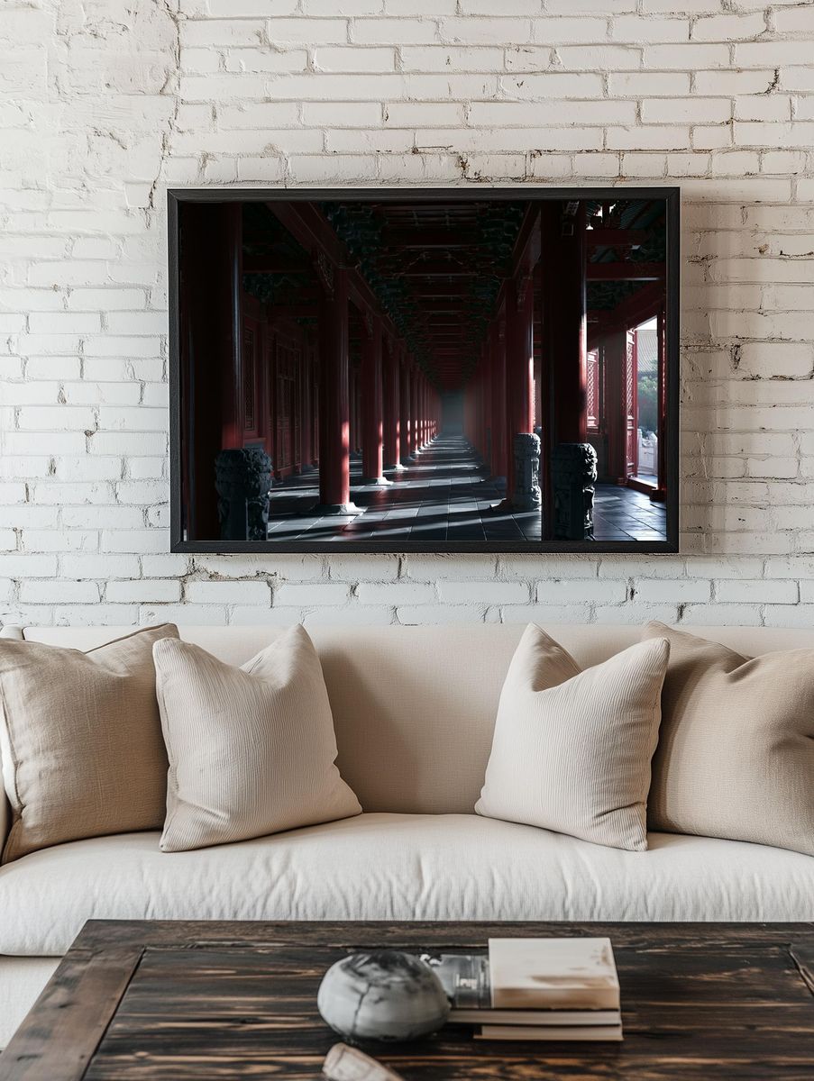 Red Temple Corridor Photography Poster. room preview