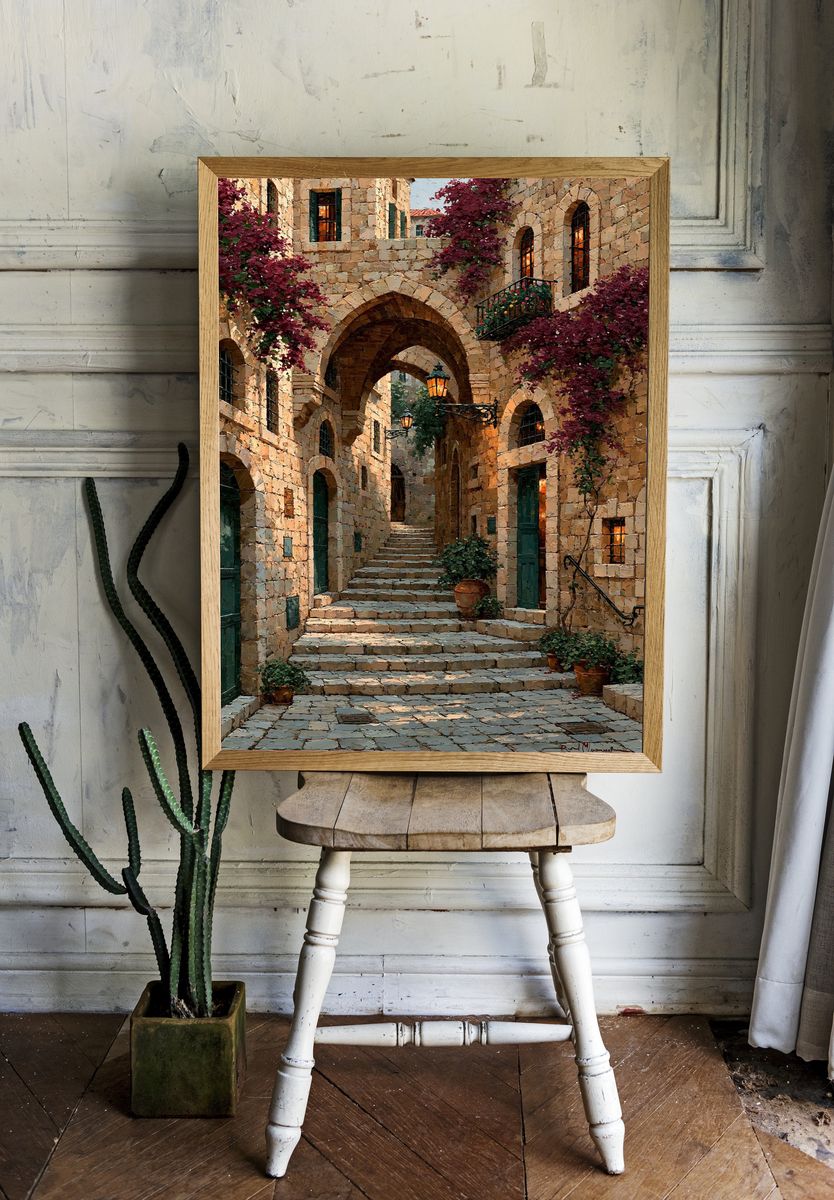 Mediterranean Stone Alley Print. room preview