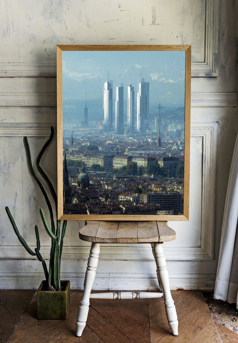 Futuristic City Skyline Photography Poster. room preview