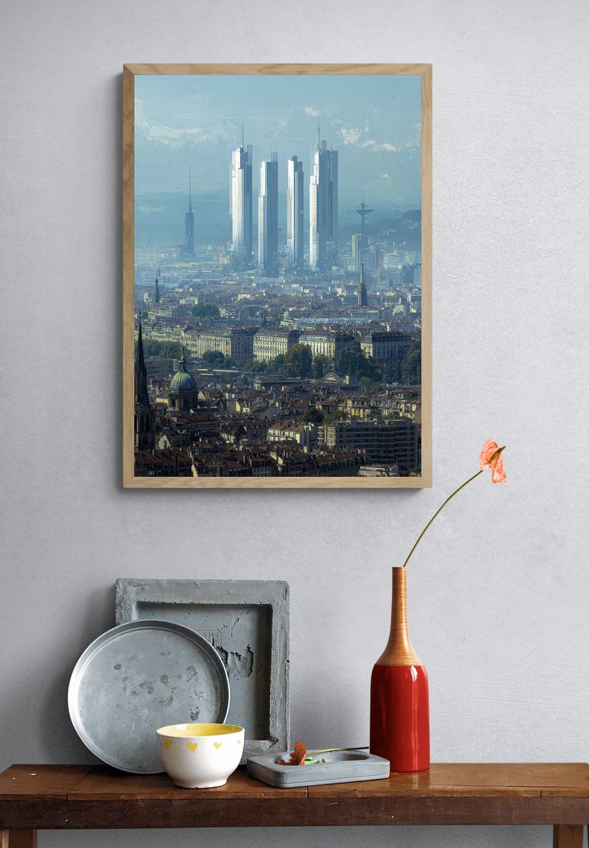 Futuristic City Skyline Photography Poster. — room view 3