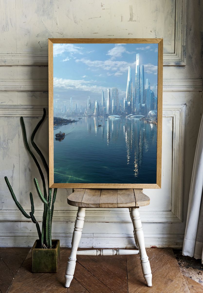 Futuristic Seaside Cityscape Print. room preview