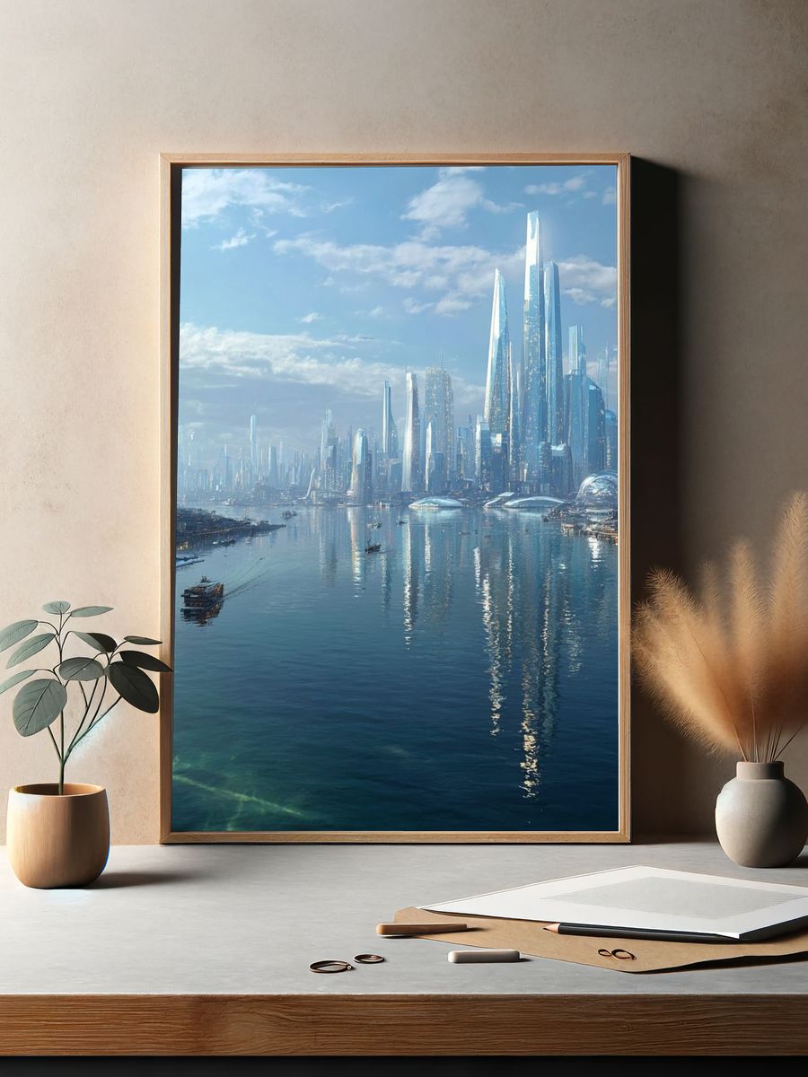 Futuristic Seaside Cityscape Print. — room view 2