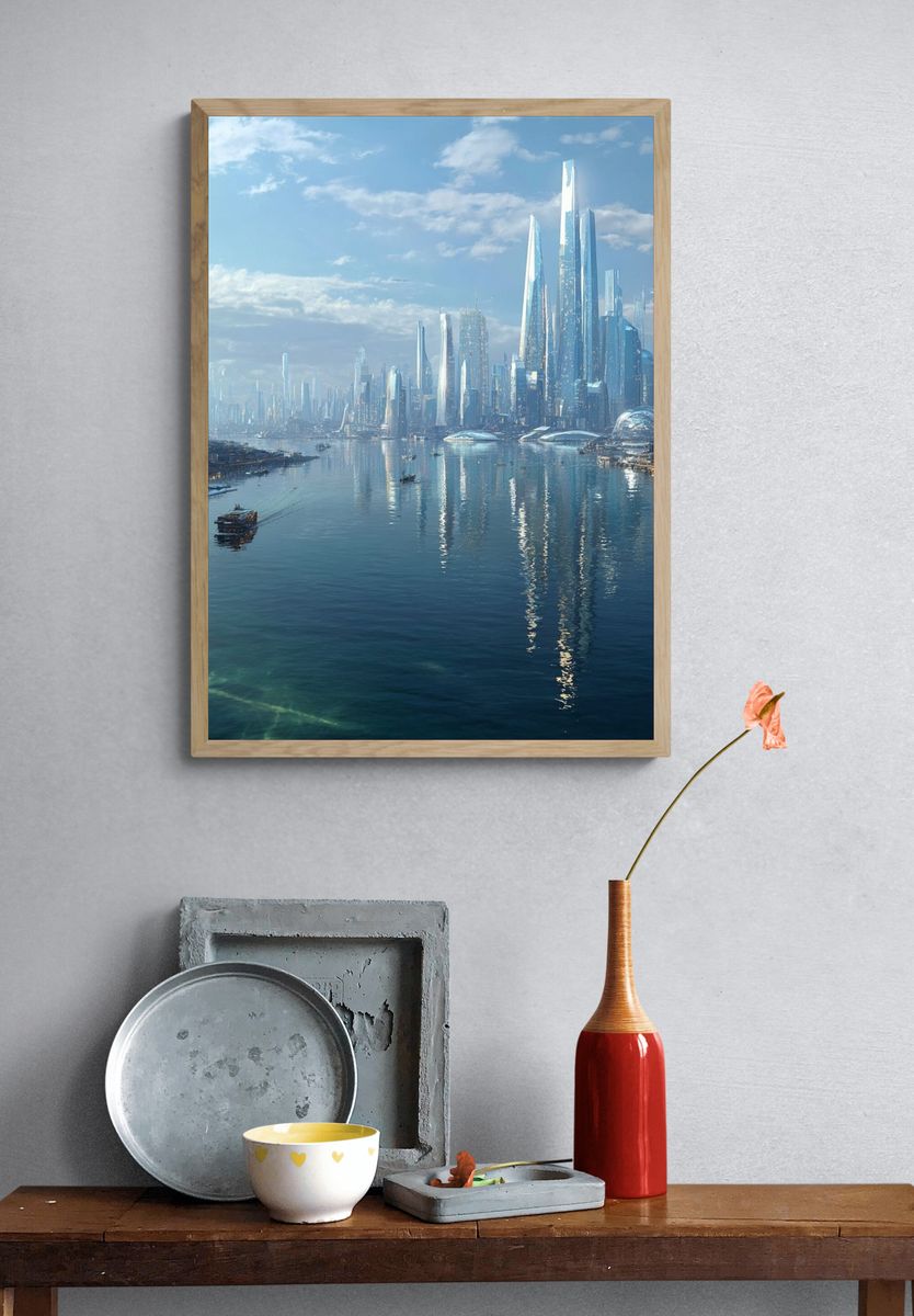Futuristic Seaside Cityscape Print. — room view 3