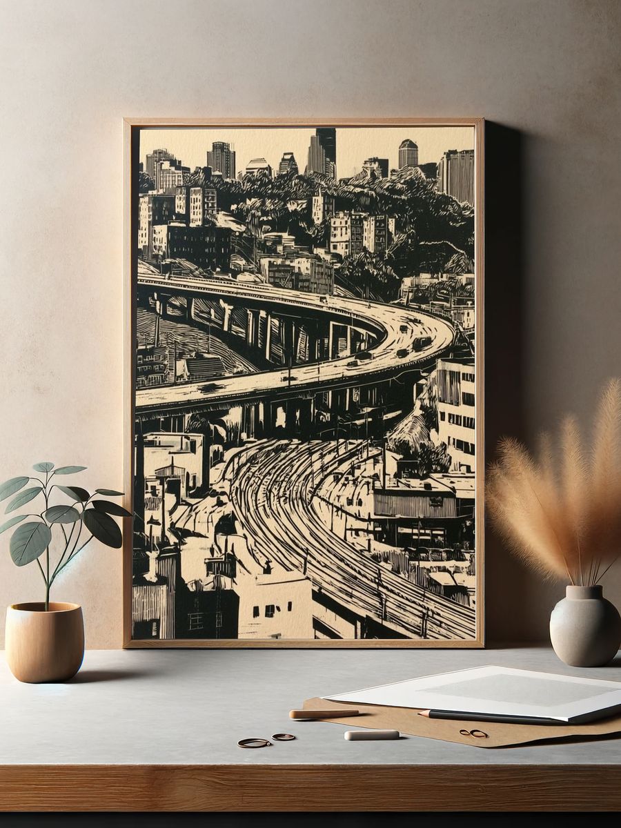 Urban Overpass Cityscape Print. — room view 2