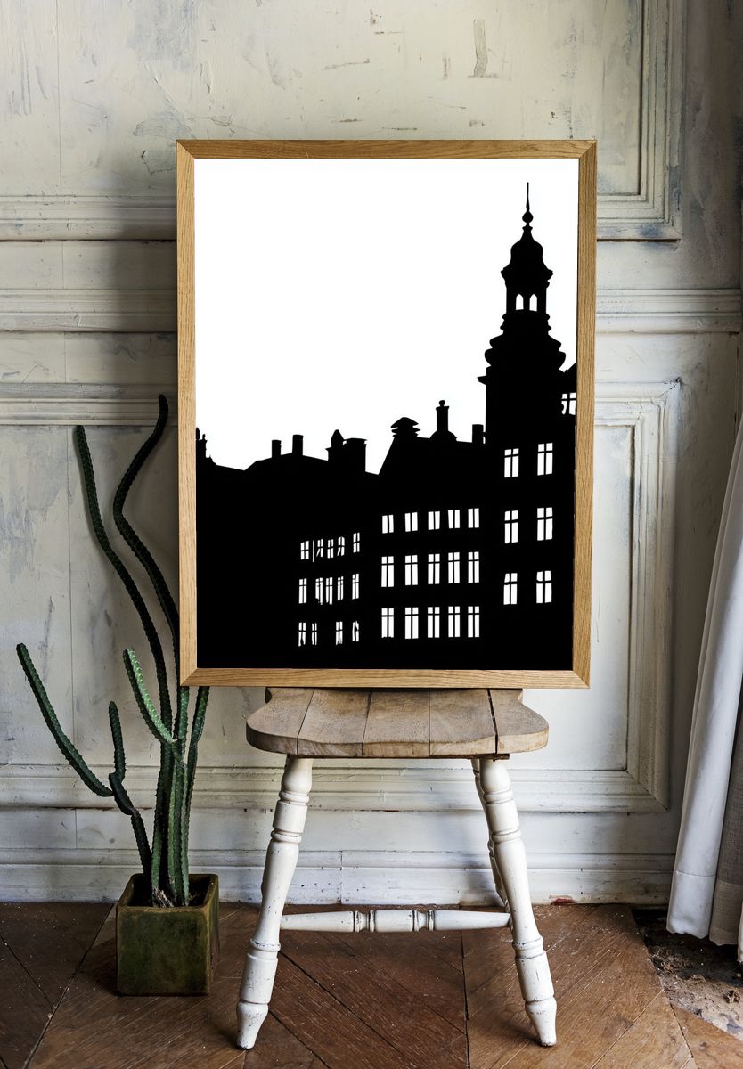 Historic City Skyline Black-White Print. room preview