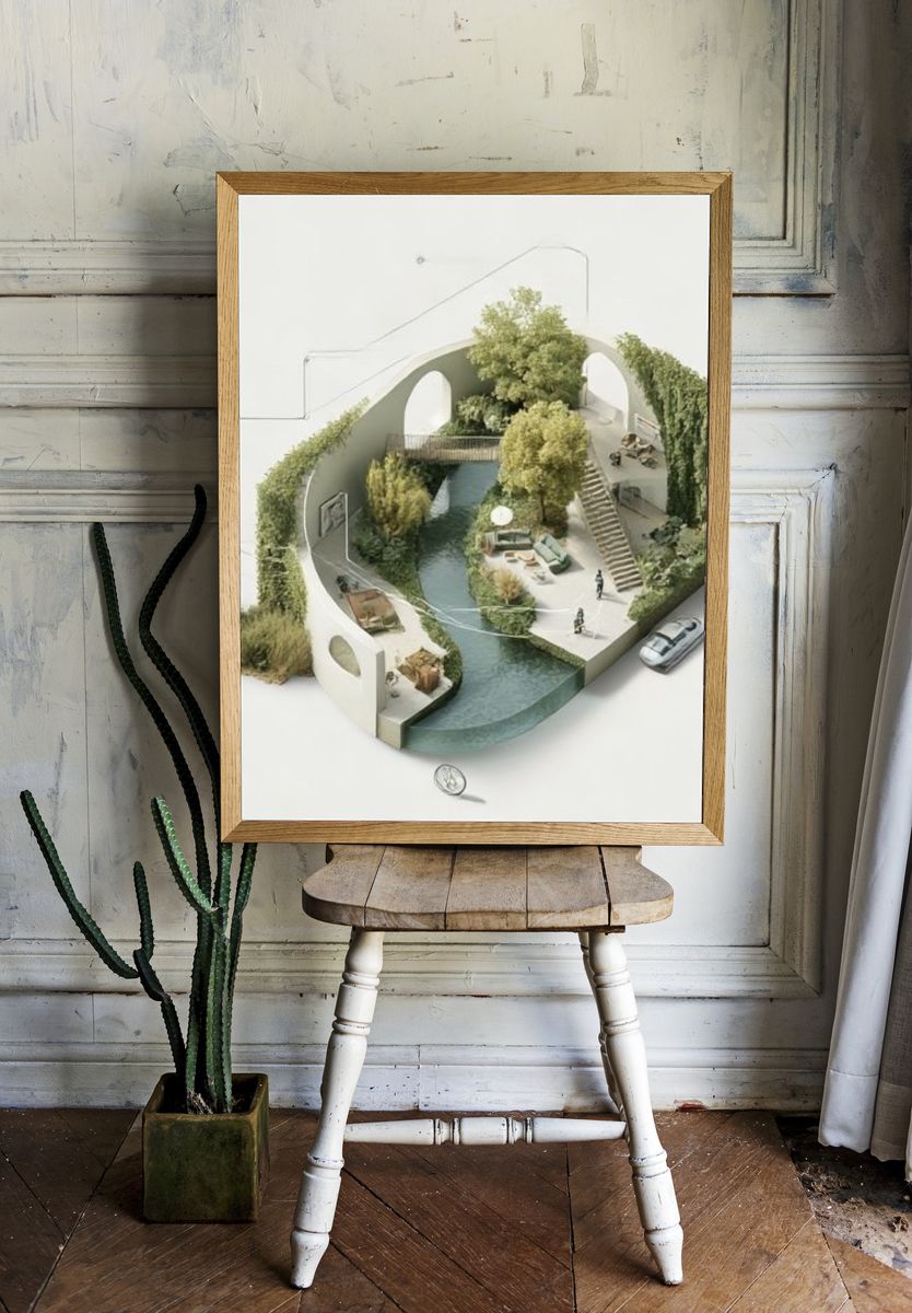 Surreal Courtyard Oasis Illustration Poster. room preview