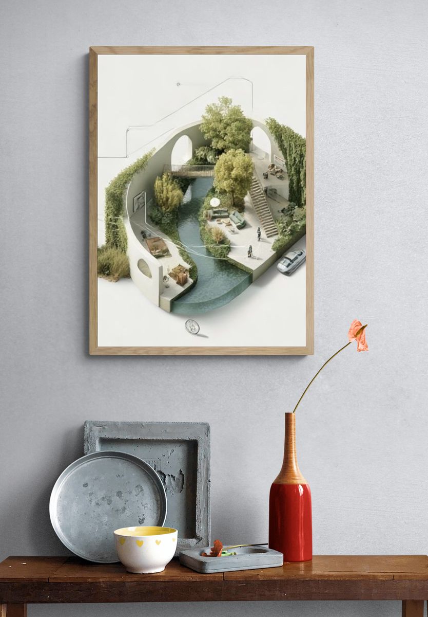 Surreal Courtyard Oasis Illustration Poster. — room view 3