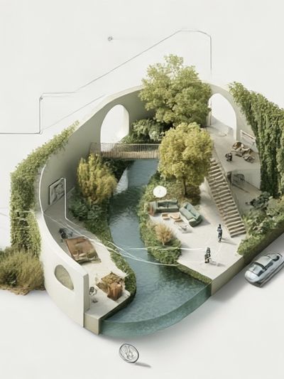 Surreal Courtyard Oasis Illustration Poster.