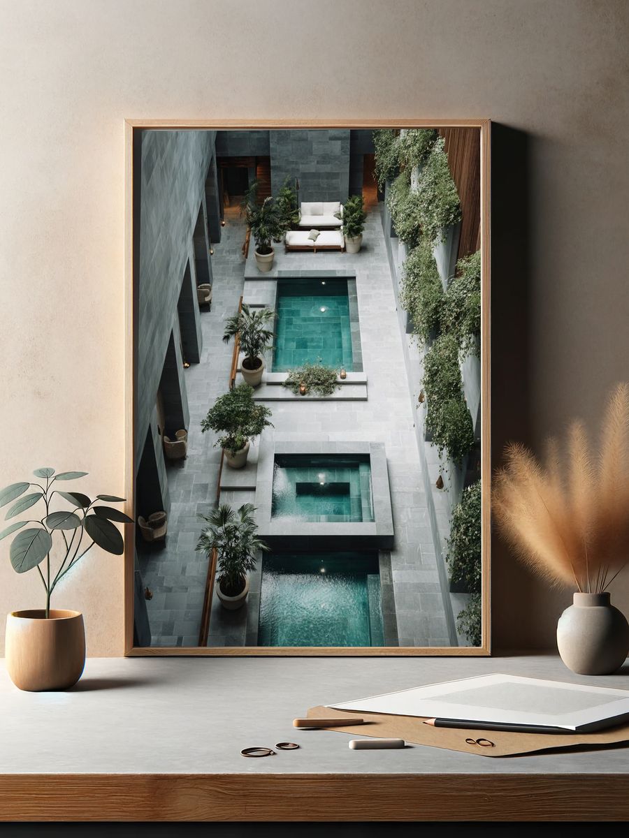 Modern Courtyard Pool Architecture Print. — room view 2