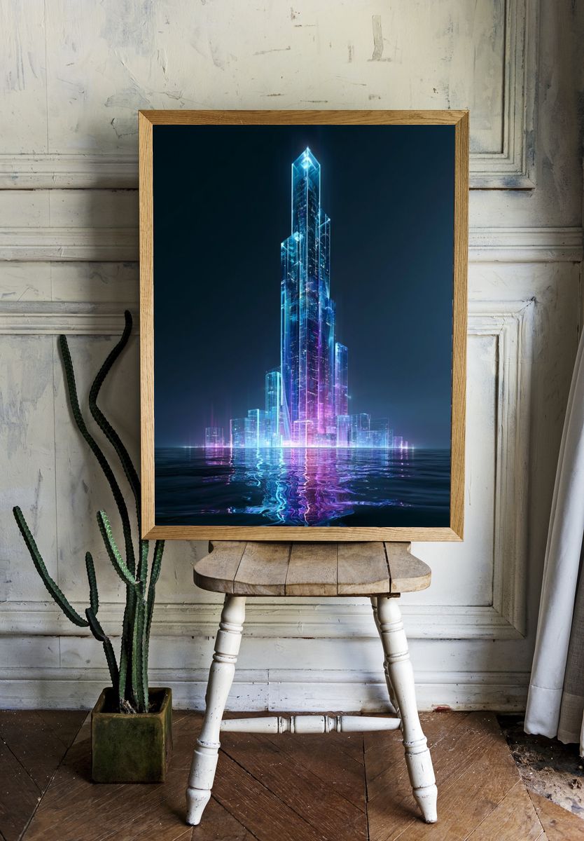 Neon Crystal Cityscape Poster. room preview