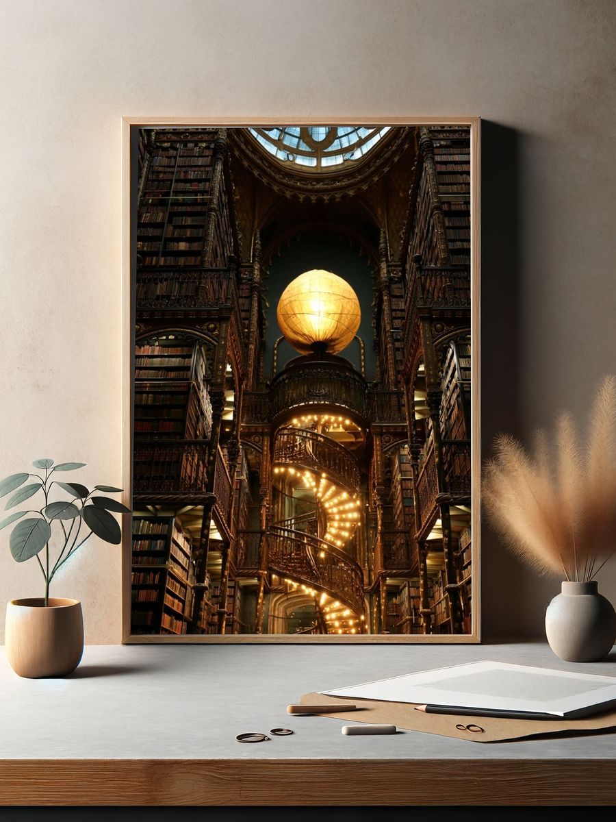 Grand Library Spiral Staircase Print. — room view 2